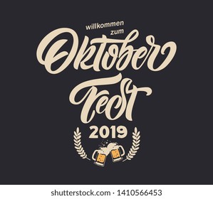 Oktoberfest handwritten lettering. Oktoberfest typography vector design for greeting cards and poster. Beer Festival vector banner. Design template celebration. Vector illustration.