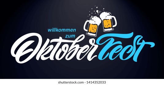 Oktoberfest handwritten lettering. Oktoberfest typography vector design for greeting cards and poster. Beer Festival vector banner. Design template celebration. Vector illustration.