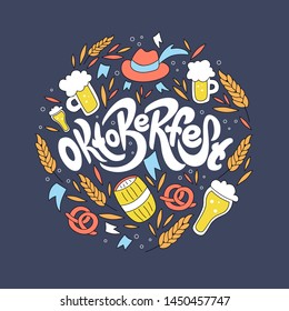 Oktoberfest handwritten lettering. Oktoberfest typography vector design for greeting cards and poster. Collection of beer related doodle illustrations. Vector illustration. 