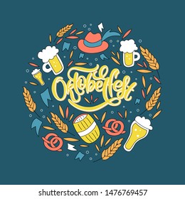 Oktoberfest handwritten lettering. Oktoberfest typography vector design for greeting cards and poster. Beer Festival vector banner. Design template celebration. Vector illustration. - Vector