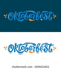 Oktoberfest handwritten lettering vector design, blue letters with orange drops on the white and blue background. Design template event celebration. Title for  cards and and posters. Bavarian beer 