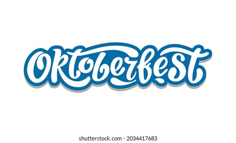 Oktoberfest handwritten lettering vector design, white letters on the blue background. Design template event celebration.  Title for greeting cards and posters. Bavarian beer Festival banner