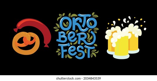 Oktoberfest handgeschriebene Typografie-Header für Schild, Gruß, Einladungsposter und Postkarte. Brezel, Würstchen und Becher mit Bier zeichnen. Das Bierfestival wird im Oktober in Deutschland gefeiert. 