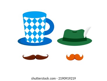 Oktoberfest hat with feather and mustache icon set isolated on white background. German green and with bavarian pattern costume. Flat design cartoon style october fest head dress vector illustration.