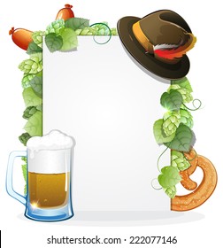 Oktoberfest hat, sausage, pretzel and beer mug on a white background, decorated with green hops