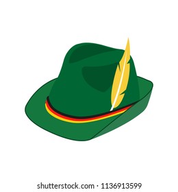 Oktoberfest hat. Traditional German hunting hat with feather and Germany flag ribbon. Octoberfest Beer festival symbol. Vector illustration.