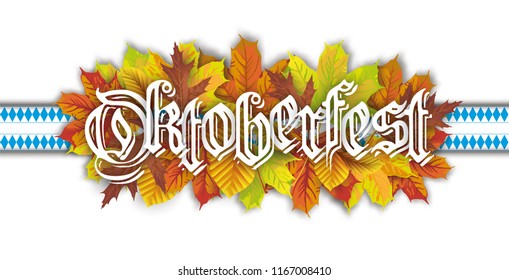 Oktoberfest header with autumn foliage and bavarian ribbon.  Eps 10 vector file.