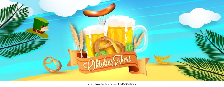 Oktoberfest header or banner design, with illustration of beer mugs, forks, pretzels, sausages, hops, wheat grains, oktoberfest hat and tropical leaves with beach background.