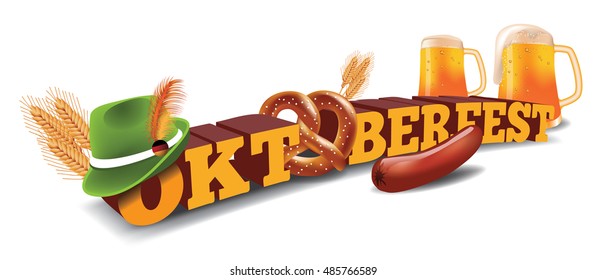 Oktoberfest header with sausage, German hat and beer.  EPS 10 vector. 