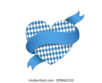 Oktoberfest heart with Bavarian blue-white rhombus, and banderole,
Vector illustration isolated on white background
