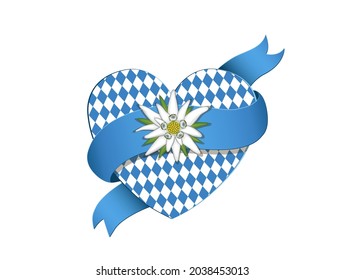 Oktoberfest heart with Bavarian blue-white rhombus, edelweiss and banderole,
Vector illustration isolated on white background
