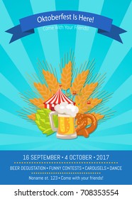 Oktoberfest is here! Come with your friends, 16 september till 4 october, promo banner vector illustration isolated on striped background