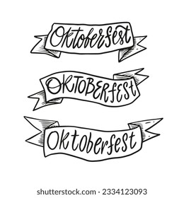 Oktoberfest holiday calligraphy lettering text word on ribbon set. Black color isolated on white background.