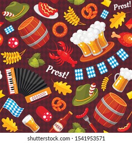 Oktoberfest holiday celebration vector color seamless pattern. German national festival, brewery decorative texture. Bavarian fest. Beer and sausages wrapping paper, textile, wallpaper design