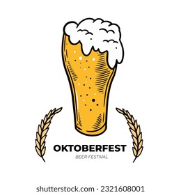 Oktoberfest holiday lettering text and beer glass. Hand drawn sketch style vector art illustration. Isolated flat on white background.