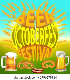 Oktoberfest holiday poster illustration with beer mugs sausages spikelets and pretzels 