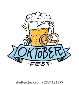 Oktoberfest holiday text lettering on blue ribbon and beer glass. Vector art isolated on white background.
