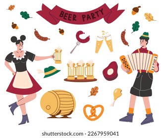 Oktoberfest holiday. Traditional beer celebration. Bavarian characters in costumes. Food and drink German festival. Pint glasses on tray. Meat sausages. Vector isolated