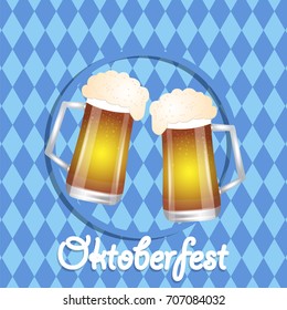 Oktoberfest . Holiday, two mugs of beer, card, greeting card, banner , invitation. Cartoon. Vector.