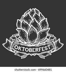 Oktoberfest hop, craft beer brewery emblem. Happy oktoberfest. Black vintage engraved hand drawn vector illustration. Sketch engraving. Hop plant, flower.