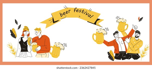 Oktoberfest horizontal banner or typography header for signboard or festival invitation. Beer festival or folk festivities banner or flyer design, vector hand drawn illustration.