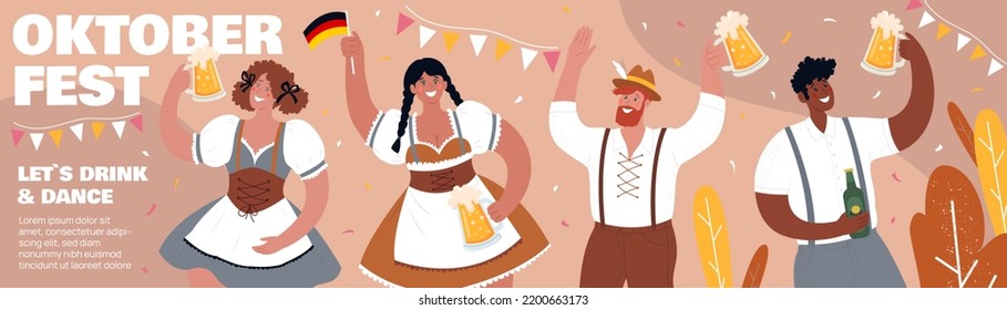 Banner horizontal largo de Oktoberfest. Festival de Cervezas. Hay gente diversa que bebe cerveza y se divierte. Ilustración plana vectorial.