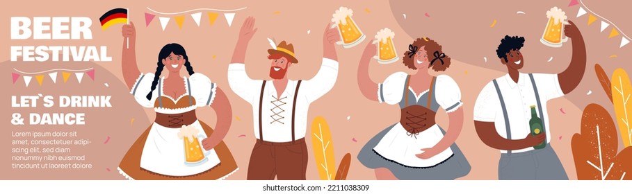 Oktoberfest horizontal long banner. Beer Festival. Diverse people drink beer and have fun. Vector flat illustration.