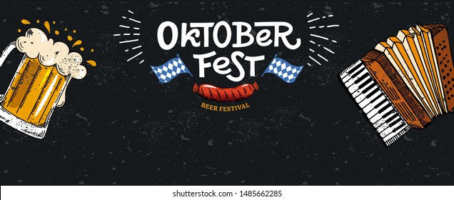 Oktoberfest horizontal web banner. Vector flat color illustration for German beer festival in Munich. Lettering with mug beer, sausage, accordion and Bavarian flag. Cracks can be removed