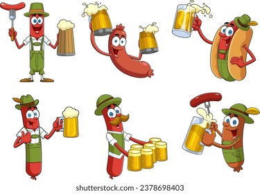 Oktoberfest HotDog Cartoon Characters. Vector Hand Drawn Collection Set Isolated On Transparent Background