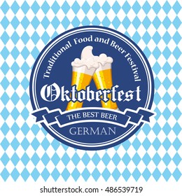 Oktoberfest icon. Drink menu. Vector illustration with beer glass in sketch style for pub. Alcoholic festival  beverages on blue chess background.