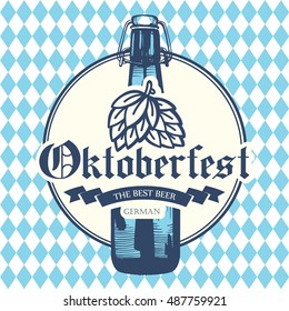 Oktoberfest icon. Drink menu. Vector illustration with beer bottle in sketch style for pub. Alcoholic festival  beverages on blue chess background.