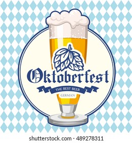 Oktoberfest icon. Drink menu. Vector illustration with beer glass in sketch style for pub. Alcoholic festival beverages on blue chess background.