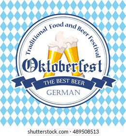 Oktoberfest icon. Drink menu. Vector illustration with beer glass in sketch style for pub. Alcoholic festival beverages on blue chess background.