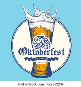 Oktoberfest icon. Drink menu. Vector illustration with beer glass in sketch style for pub. Alcoholic festival beverages on blue background.