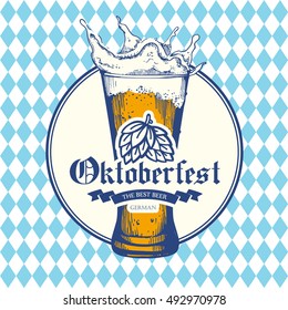 Oktoberfest icon. Drink menu. Vector illustration with beer glass in sketch style for pub. Alcoholic festival beverages on blue chess background.