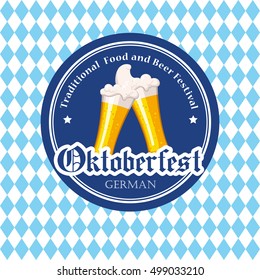 Oktoberfest icon. Drink menu. Vector illustration with beer glass in sketch style for pub. Alcoholic festival beverages on blue chess background.