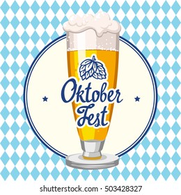 Oktoberfest icon. Drink menu. Vector illustration with beer glass in sketch style for pub. Alcoholic festival beverages on blue chess background.