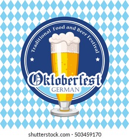 Oktoberfest icon. Drink menu. Vector illustration with beer glass in sketch style for pub. Alcoholic festival beverages on blue chess background.
