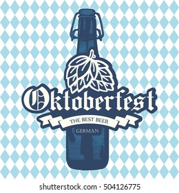 Icono de Oktoberfest. Menú de bebidas. Ilustración vectorial con botella de cerveza en estilo boceto para pub. Bebidas alcohólicas del festival con fondo azul de ajedrez.