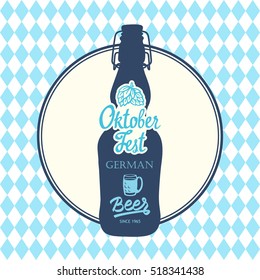 Oktoberfest icon. Drink menu. Vector illustration with beer bottle in sketch style for pub. Alcoholic festival beverages on blue chess background.