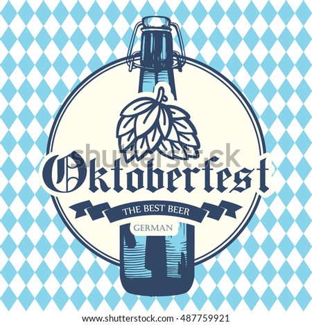Oktoberfest icon. Drink menu. Vector illustration with beer bottle in sketch style for pub. Alcoholic festival  beverages on blue chess background.