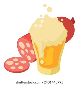 Oktoberfest icon isometric vector. Glass foamy beer mug and smoked sausage piece. Beer festival, holiday
