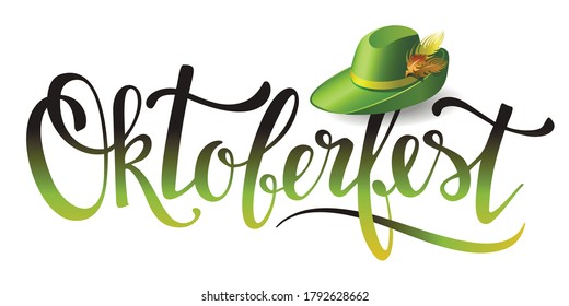 Oktoberfest icon. Oktoberfest lettering with germany oktoberfest green hat . Beer festival decoration icon. Vector illustration.