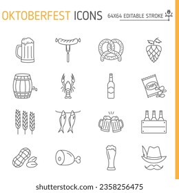Oktoberfest icon line set, holiday vector collection, logo illustrations, beer fest vector icons, outline style pictogram pack, editable stroke icons.