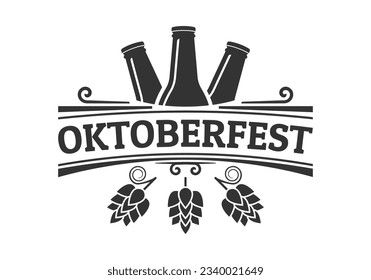 Oktoberfest icon, logo or label with beer bottles and hops. October fest vintage design. Bavarian festival symbol. Vector illustration.