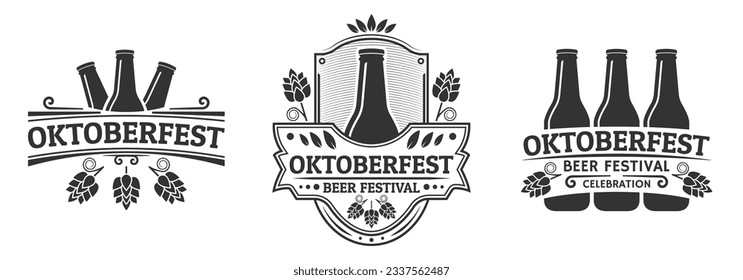 Oktoberfest icon, logo or label set with beer bottles. Beer festival vintage design. October fest emblem or symbol templates. Vector illustration.