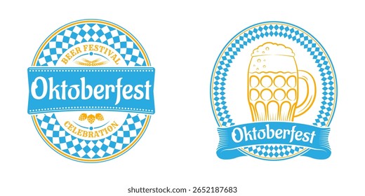 Ícone, logotipo ou conjunto de etiquetas do Oktoberfest. Modelo de design de celebração de festival de cerveja. Emblema do festival de outubro, crachá. Alemão tradicional, festival de cerveja bávaro. Ilustração vetorial.
