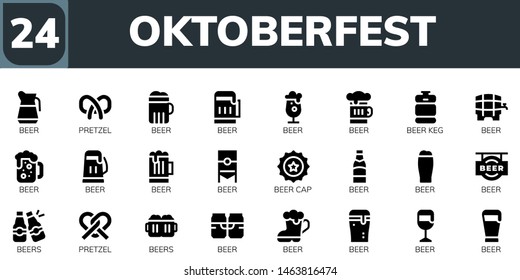 oktoberfest icon set. 24 filled oktoberfest icons.  Simple modern icons about  - Beer, Pretzel, Beer keg, Beer cap, Beers