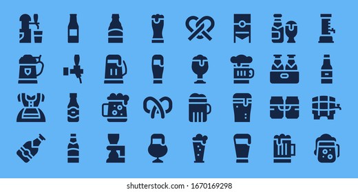 oktoberfest icon set. 32 filled oktoberfest icons. Included Beer, Dirndl, Beer bottle, Dark beer, Pretzel icons