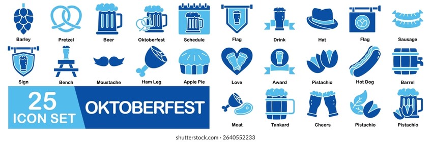 Oktoberfest Icon Set With Barley, Pretzel, Beer, Drink, Hat, Flag, Sausage, Sign, Bench, Moustache
